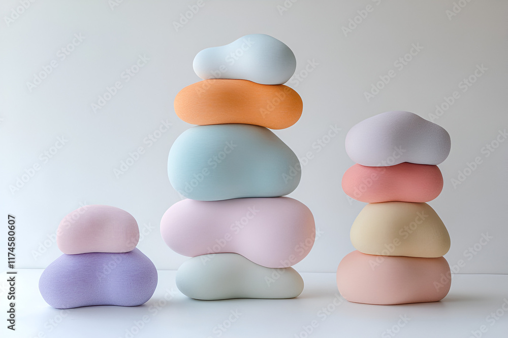 Poster pastel cloud-like shapes: three stacks of soft, pastel-colored, cloud-like sculptures arranged in a 