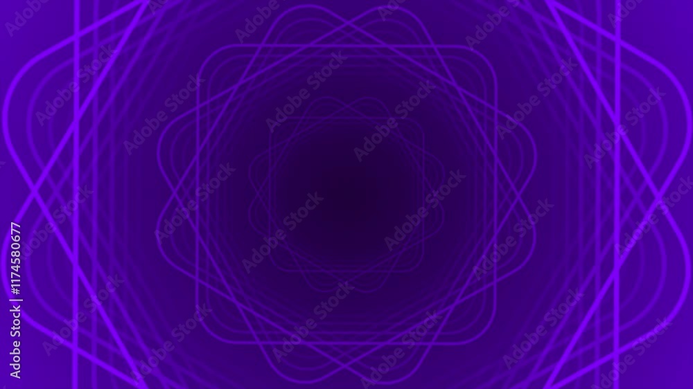 Poster purple color rotating multiple square shape lines forming floral pattern with 3d tunnel modern desig