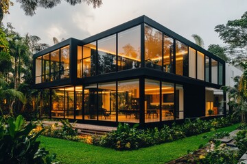 A bold cube-shaped house with large glass sections, contrasting black panels, and a lush garden surrounding it
