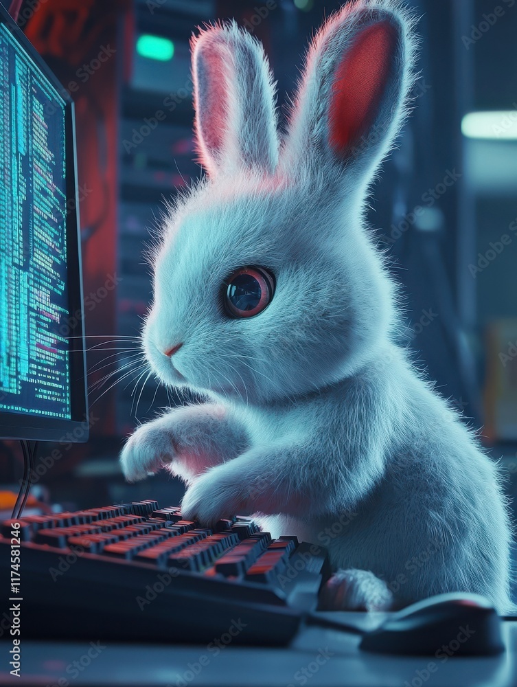 Poster the easter bunny is a programmer. the easter bunny is working at the computer. the hacker rabbit