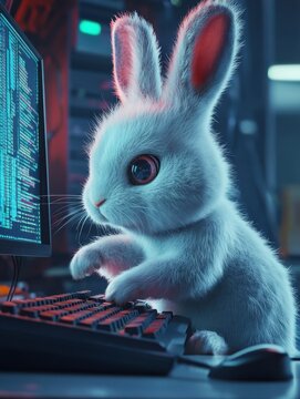 The Easter Bunny is a programmer. The Easter bunny is working at the computer. The Hacker Rabbit