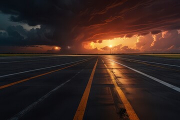 Dramatic airport runway sunset vibrant.