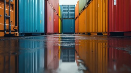 Obraz premium Close-up of multi-colored cargo containers stacked symmetrically, reflections on wet pavement after rain
