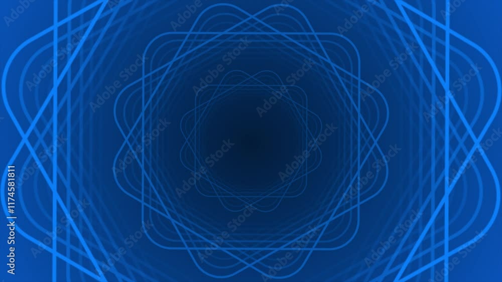 Poster royal blue color rotating multiple square shape lines forming floral pattern with 3d tunnel modern d