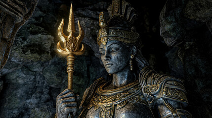 Fototapeta premium Majestic Ancient Warrior Goddess Statue Adorning a Mystical Cave Setting