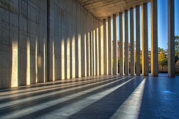 A bold, monolithic facade with vertical ridges casting intricate shadows in natural light