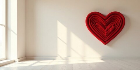 A crimson heart, crafted from layered fabric, adorns a minimalist room bathed in sunlight