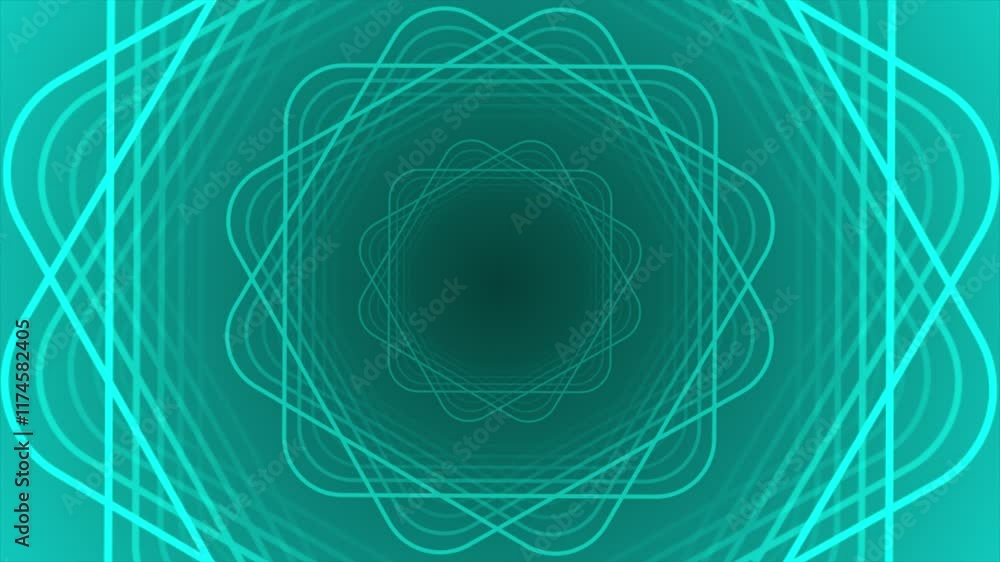 Poster cyan color rotating multiple square shape lines forming floral pattern with 3d tunnel modern design 