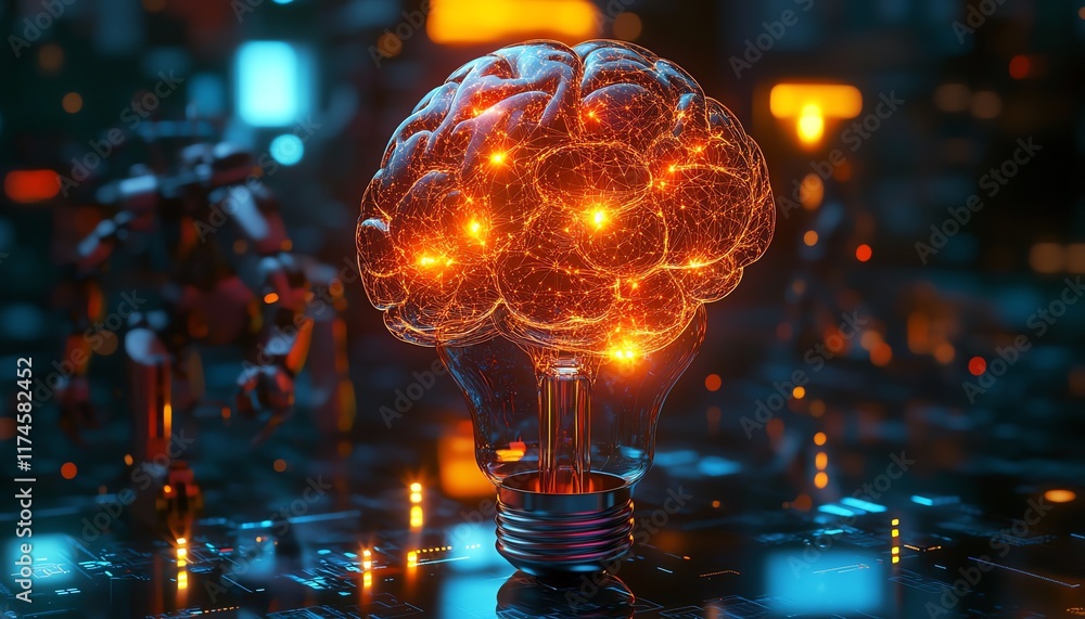 Poster a brainshaped data flow inside a glowing light bulb, surrounded by futuristic ai technology, machine