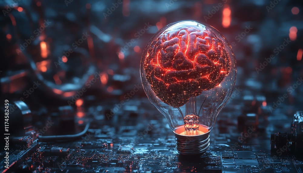 Poster a brainshaped data flow inside a glowing light bulb, surrounded by futuristic ai technology, machine