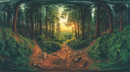 A serene forest path leading to a sunset over a lush landscape.