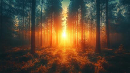 Fototapeta premium A serene forest scene illuminated by a warm sunset, creating a tranquil atmosphere.