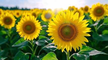 Fototapeta premium Vibrant Sunflowers Blooming Under Bright Sunlight in Field