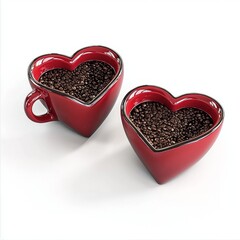 Two Heart-Shaped Red Coffee Cups Filled with Coffee Beans on a White Background