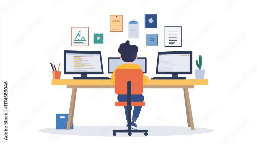 Poster a person working at a desk with multiple monitors, surrounded by notes and a plant, depicting a mode