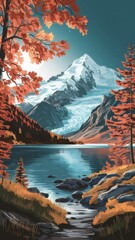Peaceful autumn lake scene with a glacier backdrop, golden trees, and calm waters reflecting the landscape