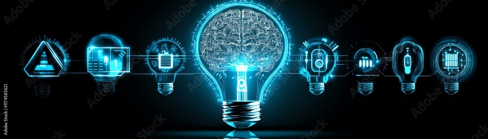Poster a glowing light bulb with a brainshaped data network inside