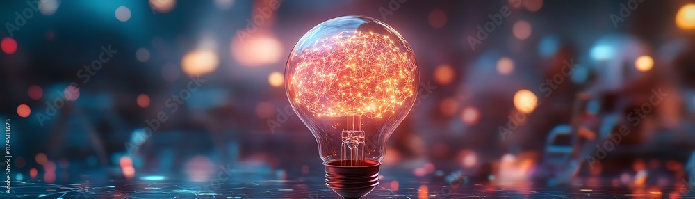 Poster a glowing light bulb with a brainshaped data network inside