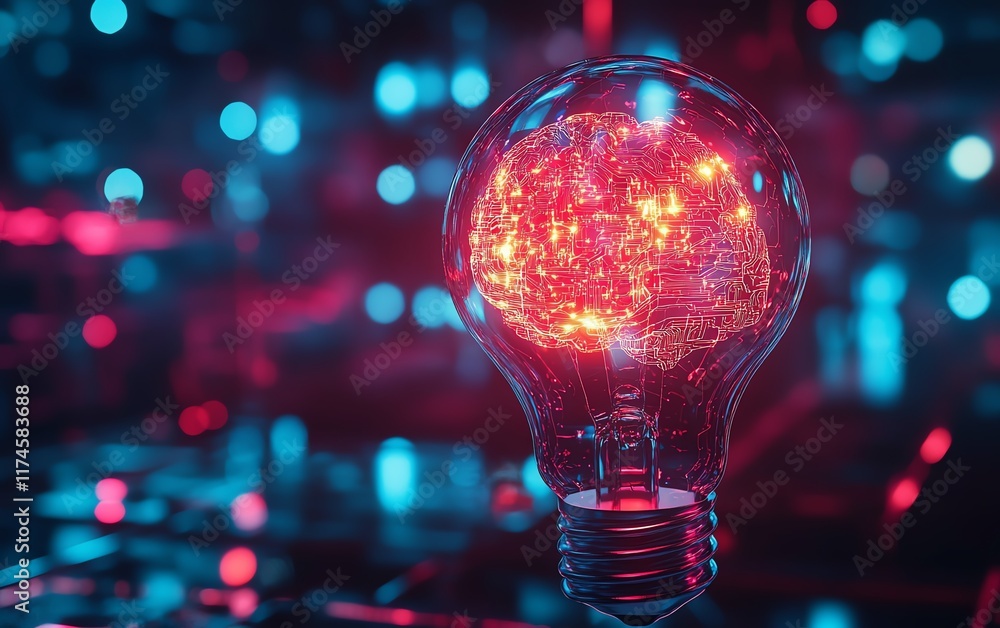 Poster a glowing light bulb with brain data visualized inside