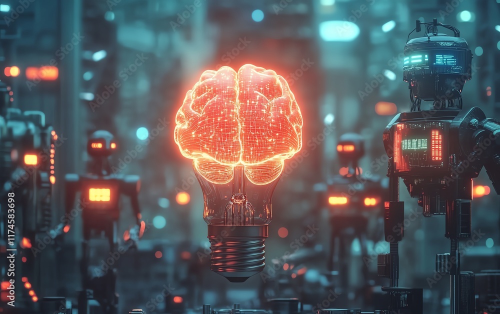 Aufkleber a glowing light bulb with brain data visualized inside