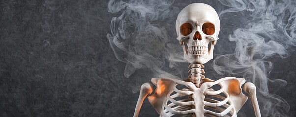 A skeletal figure stands amidst a smoky backdrop, highlighting its detailed bones and hollow eye sockets, evoking themes of anatomy and mortality.
