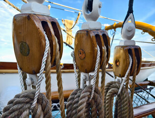 Ropes stretched across the masts of an old ship