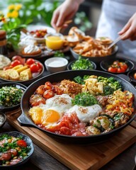 Obraz premium [holiday cooking food brunch occasions] Vibrant Buffet Spread with Diverse Menu Options and Casual Dining Ambiance.