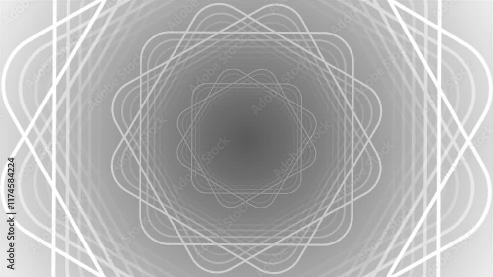 Poster white color rotating multiple square shape lines forming floral pattern with 3d tunnel modern design