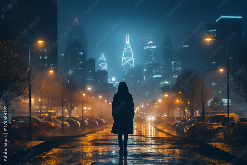 Wall mural mist at night transforms city showcasing its architectural brilliance emitting a soft glow and creat