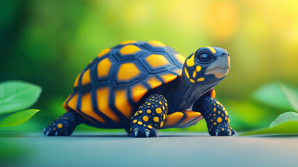 Obraz premium A baby turtle with a yellow shell on a white background, isolated and showing its slow, wild nature