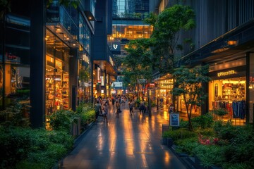 Naklejka premium A bustling shopping street with illuminated storefronts, sleek architecture, and vibrant greenery