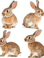 Fototapeta premium Collection of three brown rabbits (portrait, sitting, side view), animal bundle isolated on a white background as transparent PNG