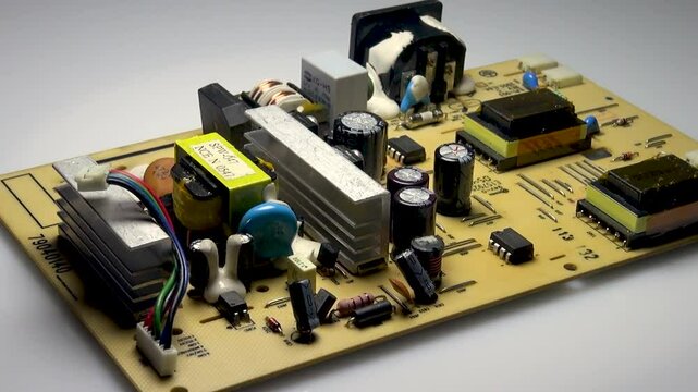 Electronic module of the device in the form of a printed circuit board on a white background