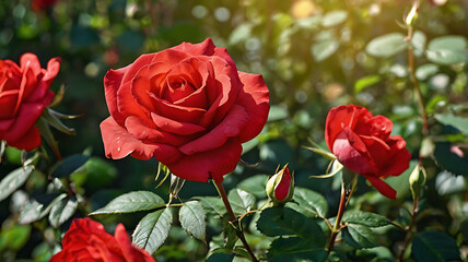 Red rose garden sunny summer day