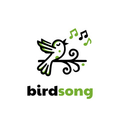 Singing Bird On Tree Branch with Music Notes for Song Vocal or Nature Bird Voice logo design 