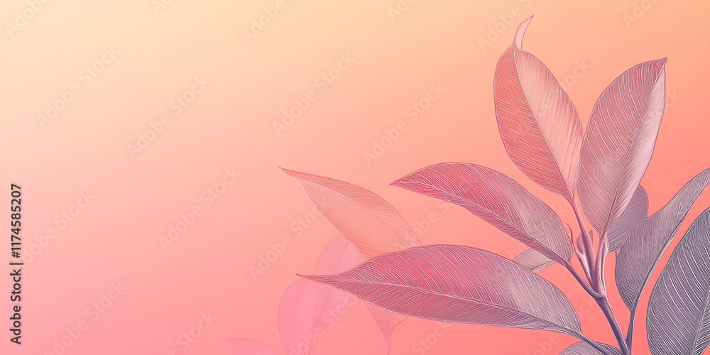 Poster pastel dreamscape: delicate pink and orange gradient background featuring elegant, translucent leave