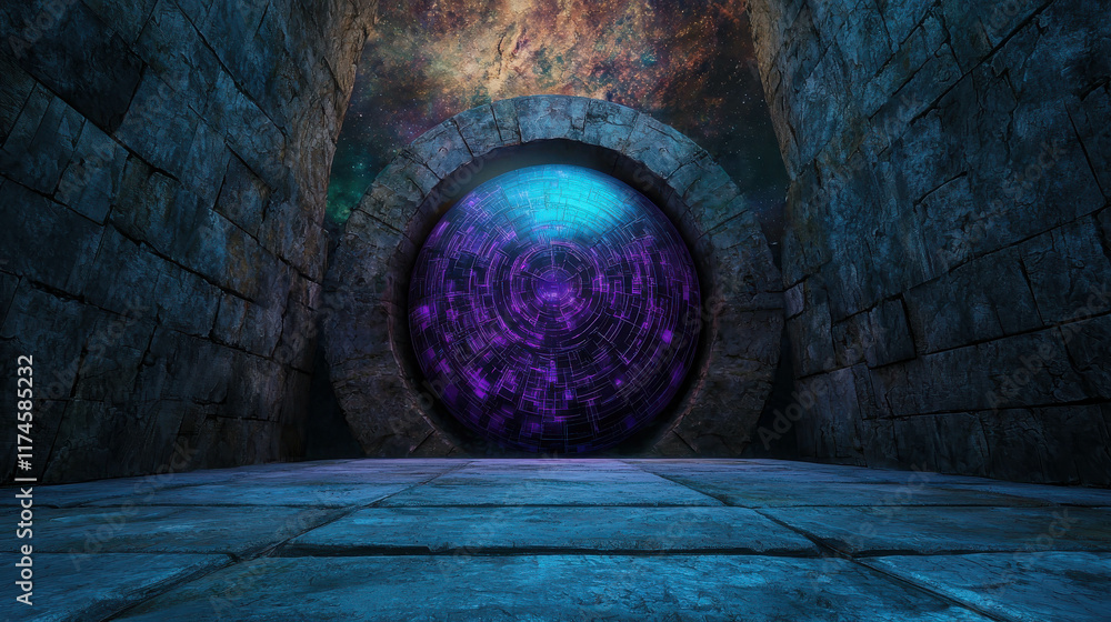 Poster Monumental Rotating Sphere in Vast Cosmic Void with Intricate Patterns