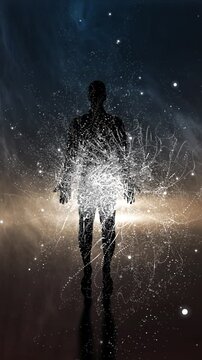 silhouette of a standing person with particle effects