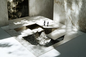 A surreal architectural scene with two figures on a fragmented surface above a deep void.