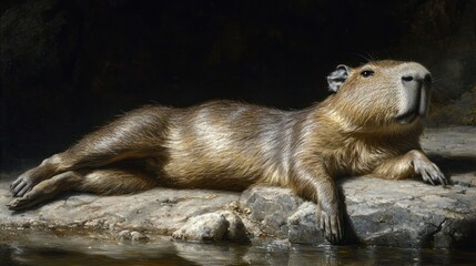 Obraz premium A capybara lounging by the water on a rocky surface, showcasing its relaxed demeanor.