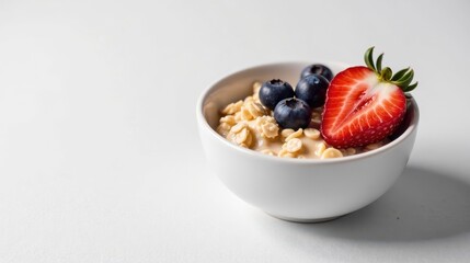 A delightful breakfast bowl filled with creamy oat porridge, topped with sweet blueberries and a juicy strawberry slice, served in a pristine white bowl.