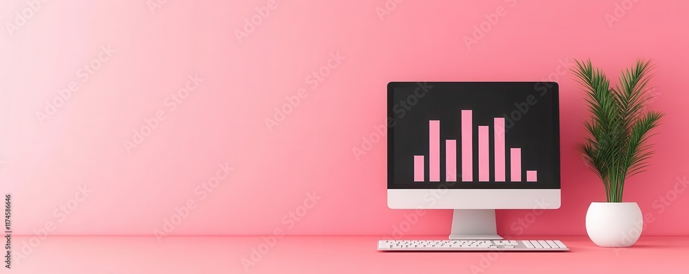 Aufkleber a modern workspace featuring a computer displaying bar graphs against a pink wall, complemented by a
