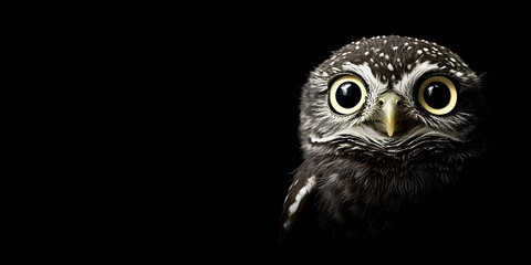 Obraz premium Little Owl Portrait: A captivating close-up portrait of a tiny owl with large, expressive eyes against a dark background.