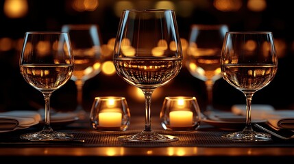 Romantic dinner setting with wine glasses and candles.