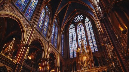 Naklejka premium Grand Cathedral Interior with Golden Light and Stained-Glass Windows