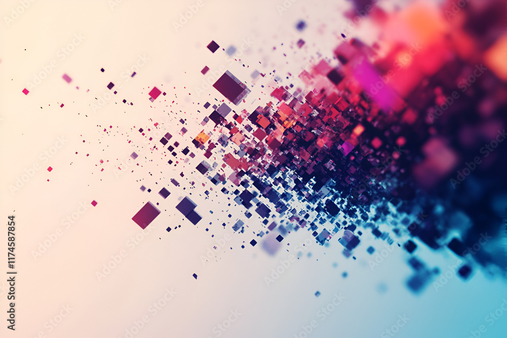 Poster abstract burst of color: vivid, dynamic explosion of colorful cubes against a soft, light background