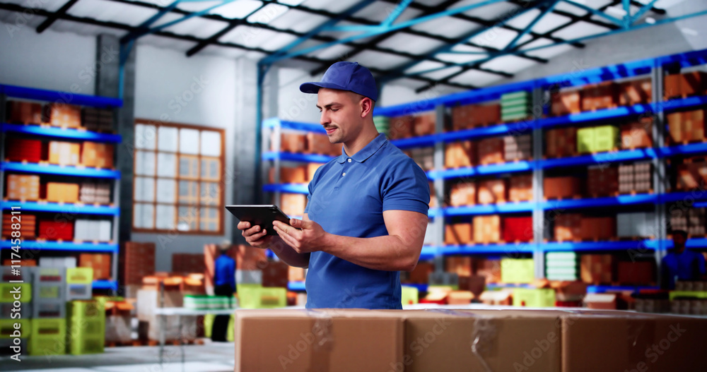 Poster delivery man worker using tablet