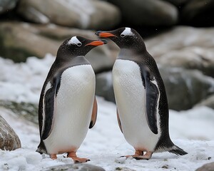 Fototapeta premium Two Gentoo penguins face each other on snowy rocks.