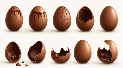 Fototapeta premium Chocolate eggs set. Isolated whole, broken, exploded, cracked and open brown eggs collection. Realistic sweet chocolate candy dessert icons. Vector Easter holiday celebration concept
