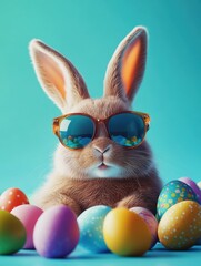 Cute Easter bunny rabbit in cool sunglasses with colorful easter eggs .Easter egg hunt concept. bunny easter with sunglasses and eggs.Cool Easter bunny wearing sunglasses.